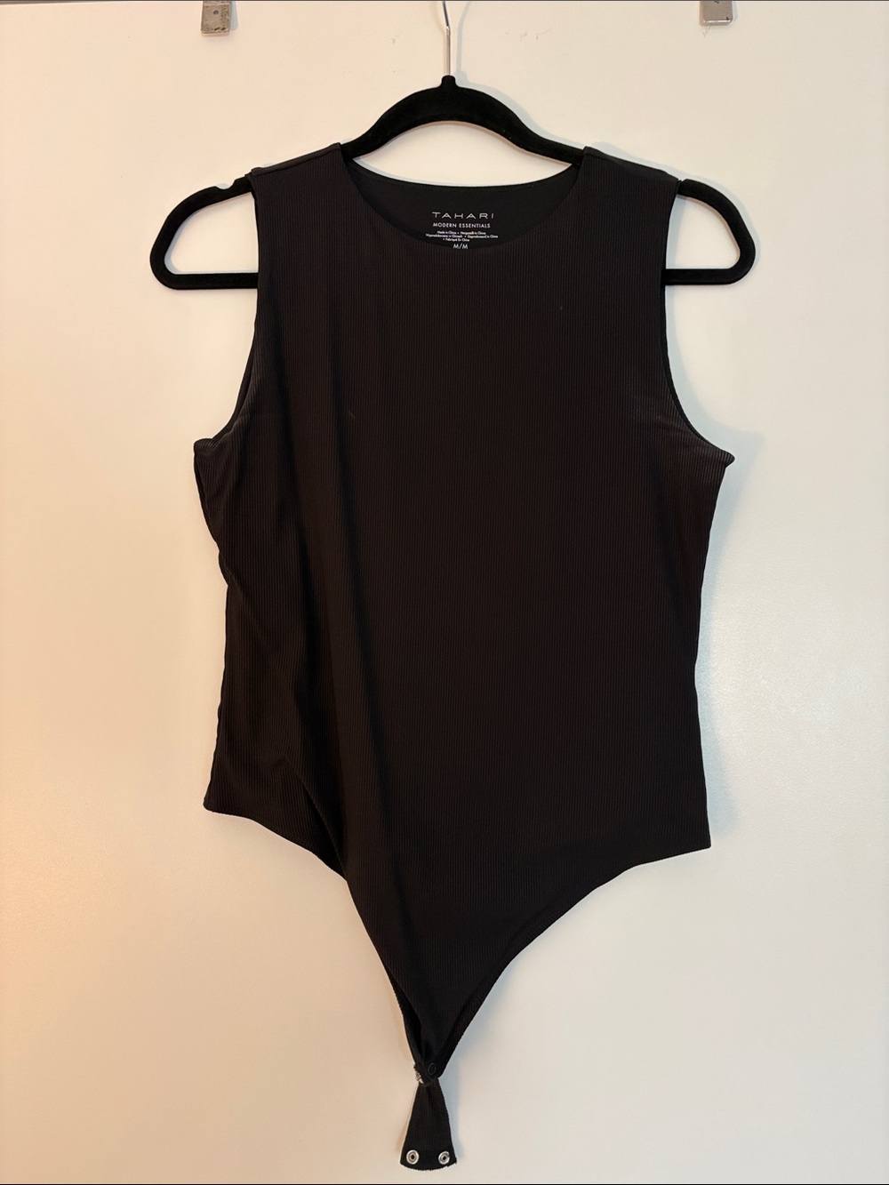 Tahari Black Ribbed Crewneck Snap-Closure Bodysuit